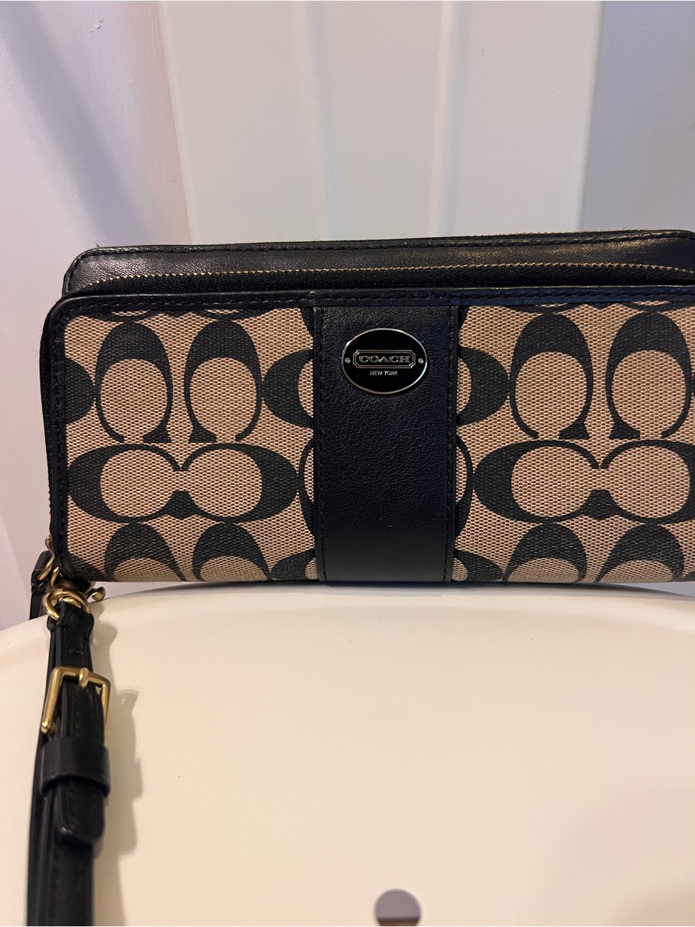 Coach Khaki and Black Signature Canvas Wristlet with Leather Trim